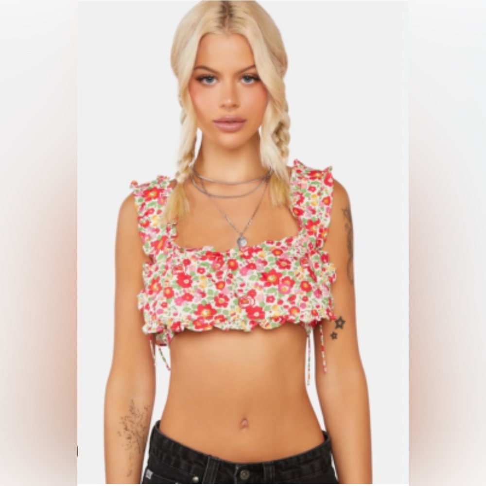 For Love & Lemons Pink Floral Ruffle Crop Top - Picture 3 of 6